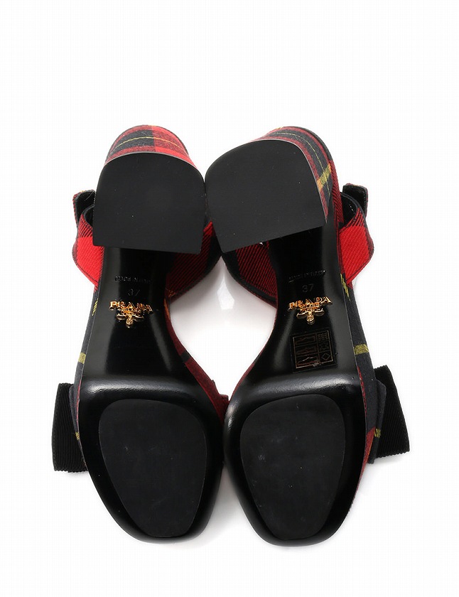 プラダ PRADA タータンチェック柄 リボン ヒールサンダル シューズ 37 