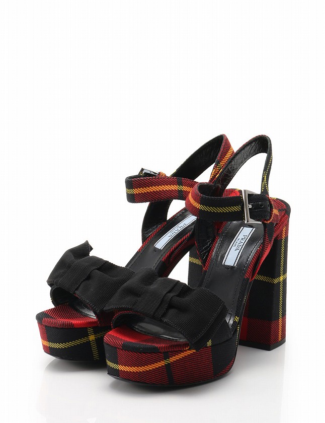 プラダ PRADA タータンチェック柄 リボン ヒールサンダル シューズ 37 