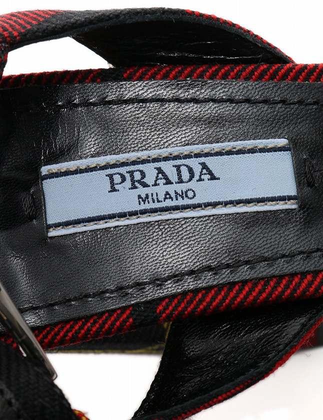 プラダ PRADA タータンチェック柄 リボン ヒールサンダル シューズ 37