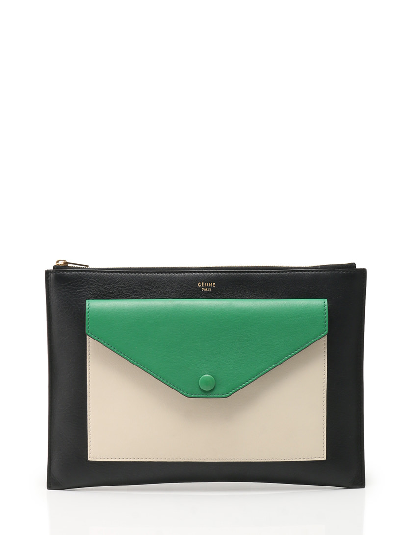 セリーヌ CELINE ポーチ クラッチバッグ 緑 黒 アイボリー カーフ 
