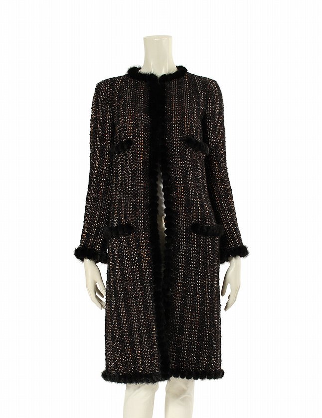 シャネル CHANEL ノーカラーコート ロングコート 2 黒 ベージュ 赤 XS 