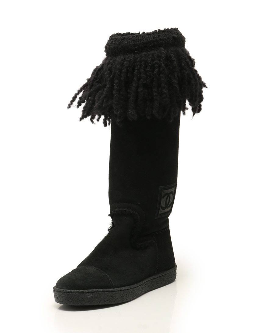 シャネル CHANEL ロングブーツ ムートンブーツ 黒 ブラック 22.5cm