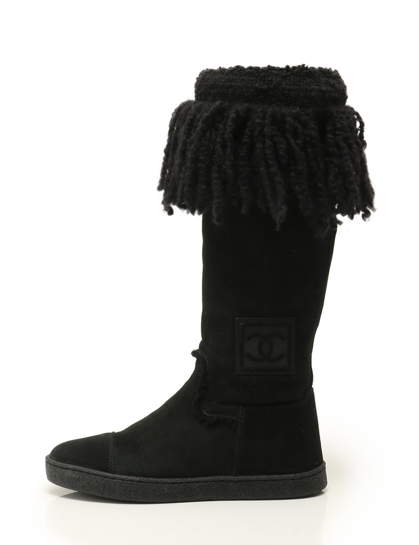 シャネル CHANEL ロングブーツ ムートンブーツ 黒 ブラック 22.5cm