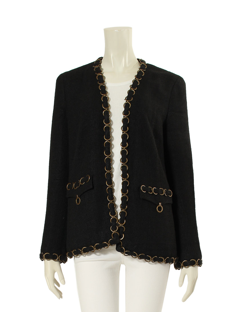 シャネル CHANEL テーラードジャケット 黒 ブラック ゴールド L 