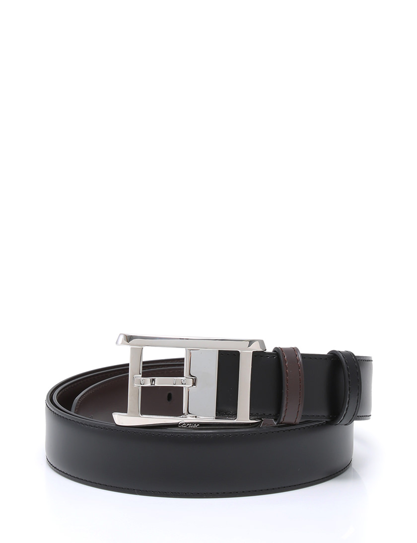 カルティエ Cartier ベルト 革ベルト 黒 こげ茶 シルバー リバーシブル 