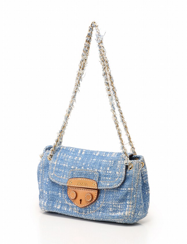 プラダ PRADA ショルダーバッグ チェーン 青 ブルー 茶色 ツイード 