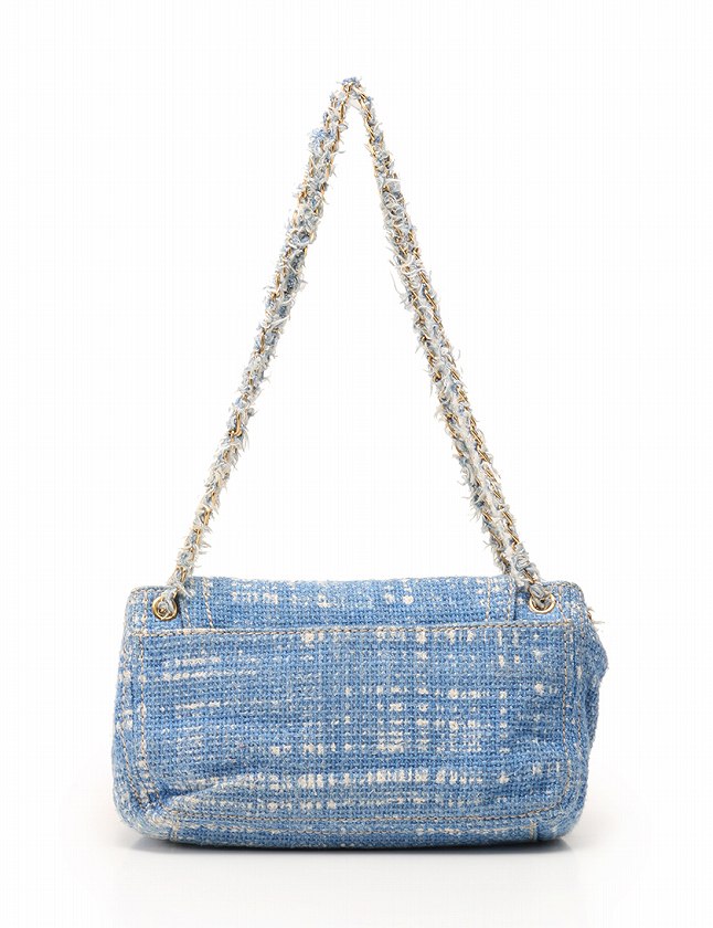 プラダ PRADA ショルダーバッグ チェーン 青 ブルー 茶色 ツイード