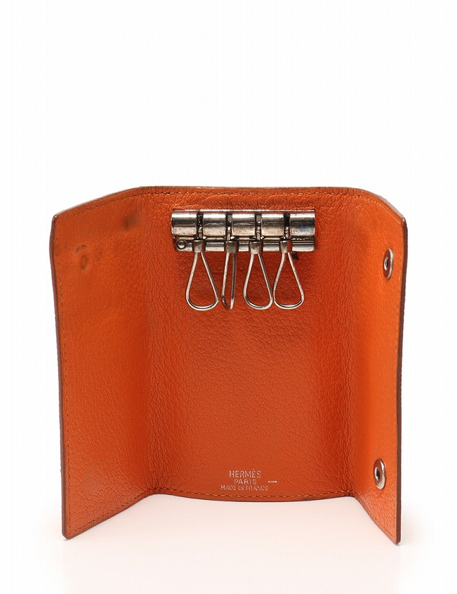 エルメス HERMES キーケース 4連 オレンジ シルバー金具 小物 リザード