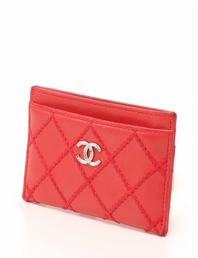 シャネル CHANEL カードケース パスケース 赤 レッド シルバー金具 