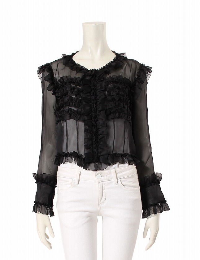 シャネル CHANEL ブラウス 黒 ブラック M トップス 長袖 38 シルク 