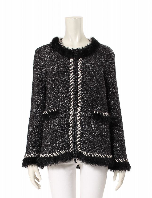 シャネル CHANEL ノーカラージャケット グレー 黒 白 L アウター 46 
