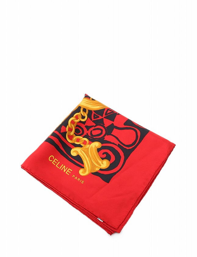 セリーヌ チェーンモチーフ スカーフ シルク100％ レッド系 中古 美品