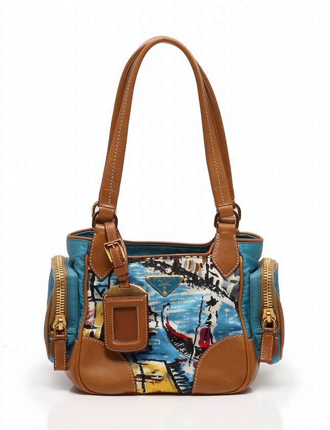 プラダ PRADA ショルダーバッグ 青 茶色 マルチカラー ナイロン レザー 