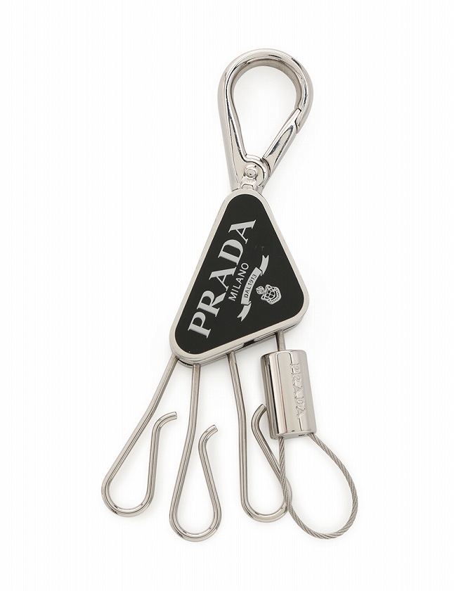 プラダ PRADA キーホルダー シルバー 黒 小物 メタル 三角ロゴプレート  