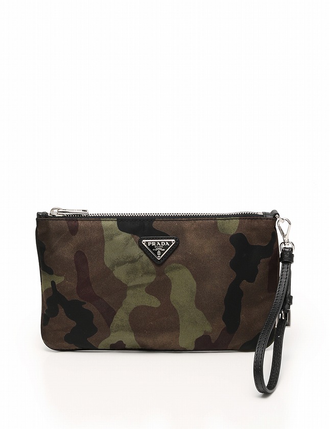プラダ PRADA ポーチ カーキ 緑 黒 小物 ナイロン レザー 迷彩柄  
