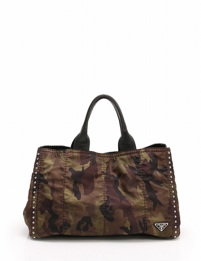 プラダ PRADA トートバッグ 緑 茶 黒 ナイロン レザー スタッズ 迷彩柄 