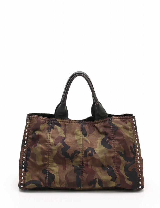 プラダ PRADA トートバッグ 緑 茶 黒 ナイロン レザー スタッズ 迷彩柄 