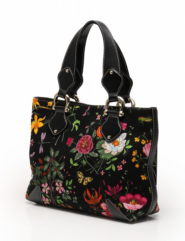 グッチ GUCCI ハンドバッグ フローラ 黒 マルチカラー キャンバス 