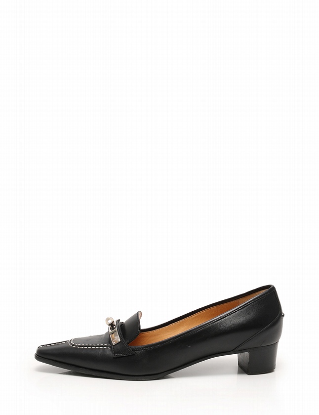 エルメス HERMES パンプス ケリー ローヒール 黒 ブラック シルバー 