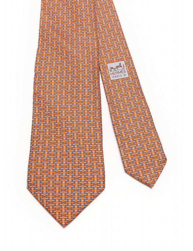 エルメス ネクタイ レギュラータイ 新品 オレンジ グレー 白 うさぎ