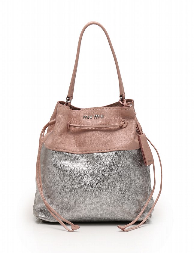 ミュウミュウ miumiu ショルダーバッグ 巾着 ピンク シルバー レザー 