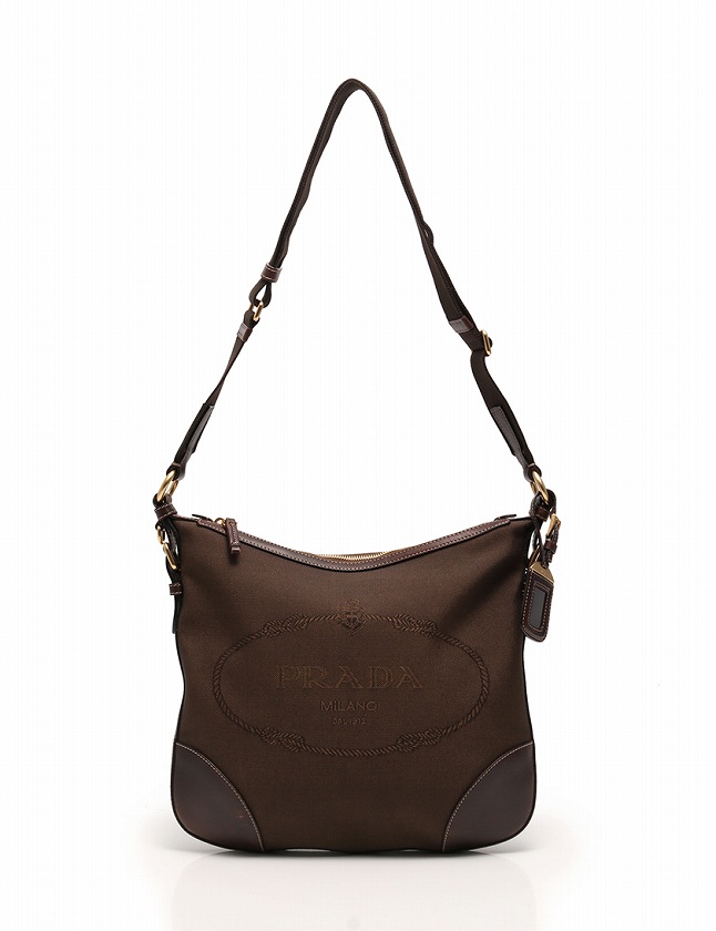 プラダ PRADA ショルダーバッグ 茶色 ブラウン キャンバス レザー ロゴ 