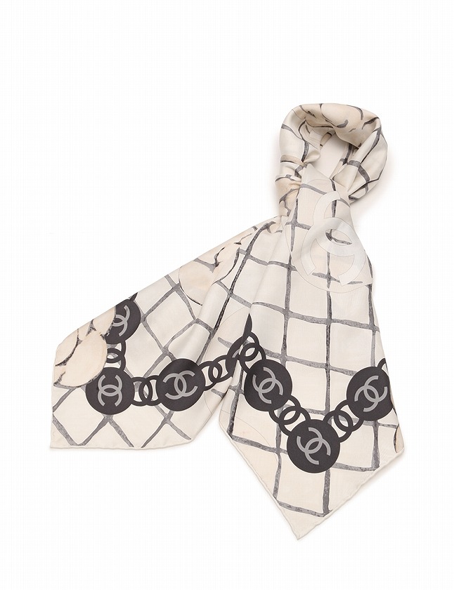 シャネル CHANEL スカーフ スクエア カメリア アイボリー グレー 小物 