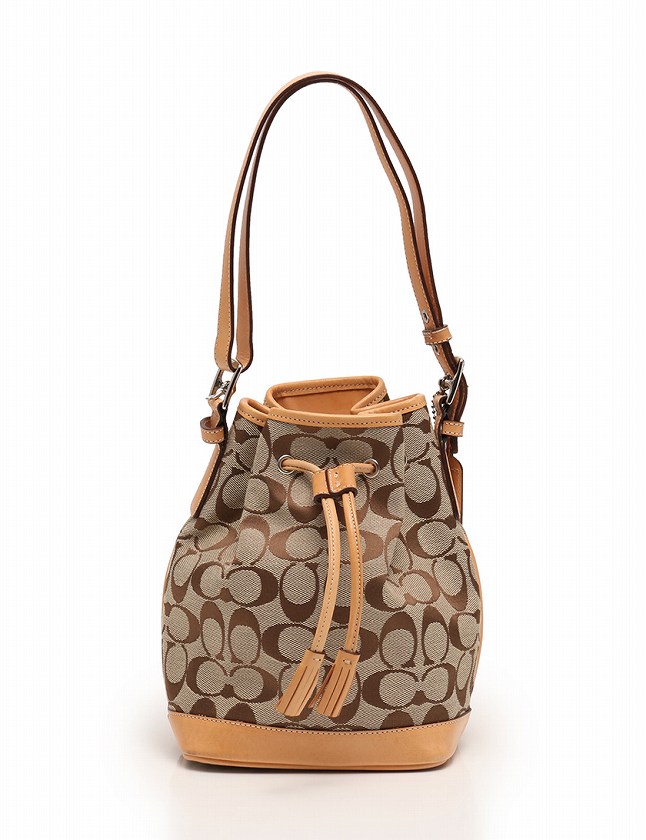 コーチ COACH ショルダーバッグ 巾着 シグネチャー ベージュ 茶色 