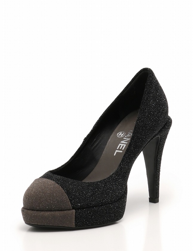 シャネル CHANEL パンプス ヒール 黒 ブラック グレー 22cm シューズ 