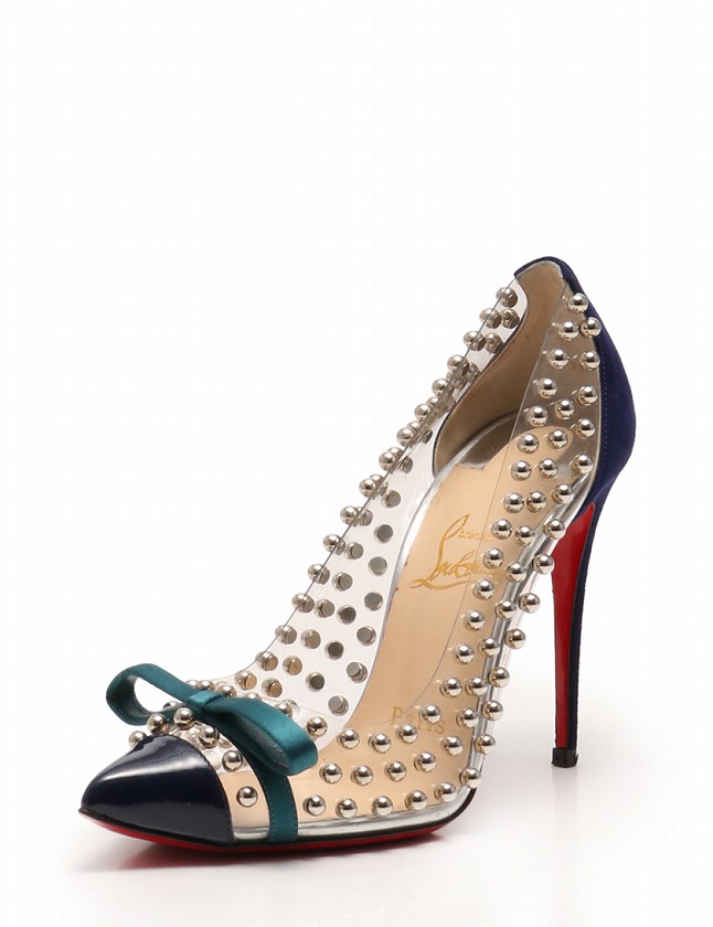 クリスチャンルブタン Christian louboutin パンプス ヒール クリア ネイビー 黒 22.5cm シューズ 35.5 ビニール エナメル レザー リボン スタッズ 3140393 箱 保存袋付き レディース ホット製品 クリアスタッズパンプス ルブタン サンダル