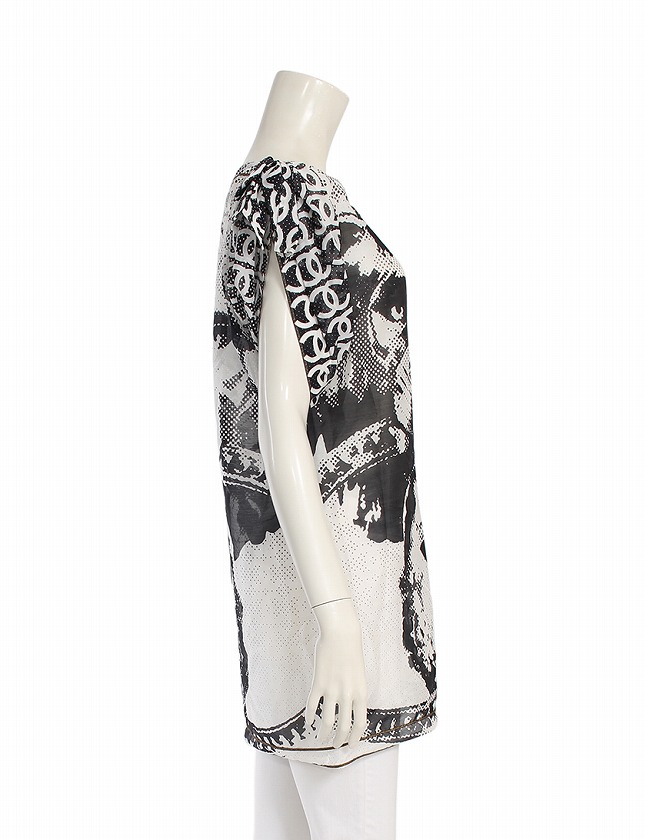 シャネル CHANEL チュニック ブラウス ココマーク 黒 白 S トップス  