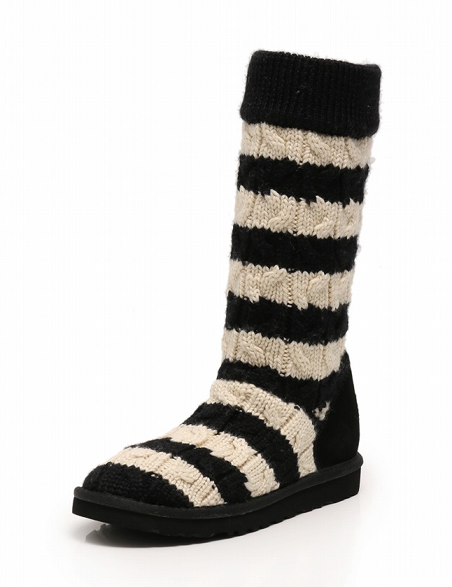 UGG 오스트레일리아 UGG 오스트레일리아 미들 부츠 플랫 니트 블랙 화이트 24cm 슈즈 보더 7 울 클래식 톨 스트라이프 케이블 니트 5822 여성용