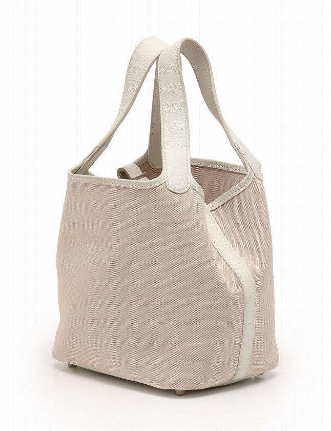エルメス HERMES ハンドバッグ ピコタン PM ベージュ 白 シルバー □G 