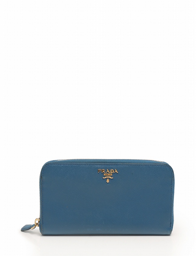 プラダ PRADA 長財布 ラウンドファスナー 水色 ライトブルー ゴールド 