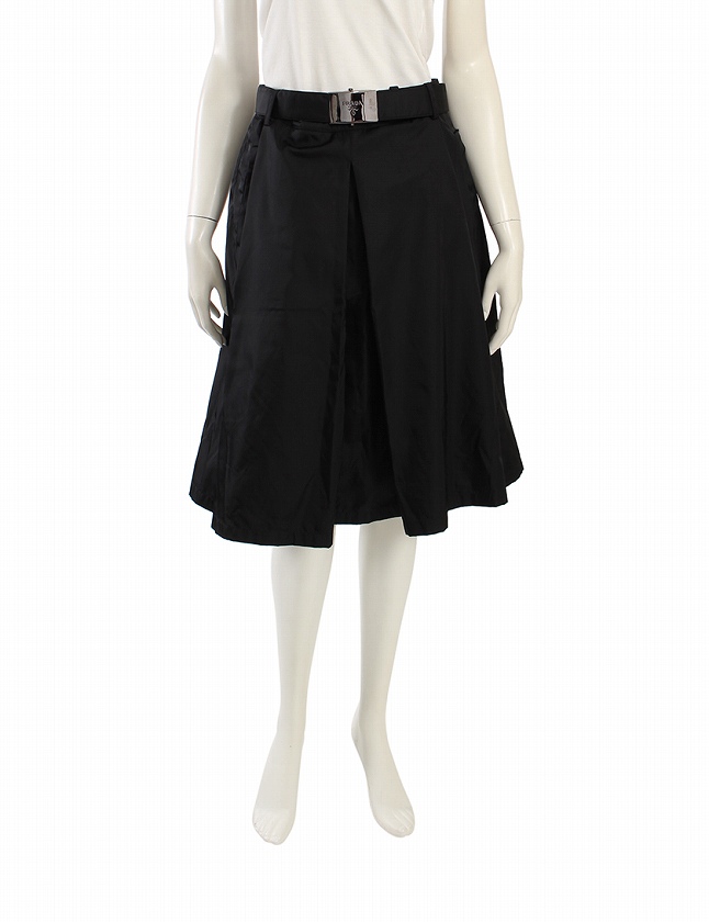 プラダ PRADA スカート 黒 ブラック M ボトムス ミモレ丈 フレア 無地  