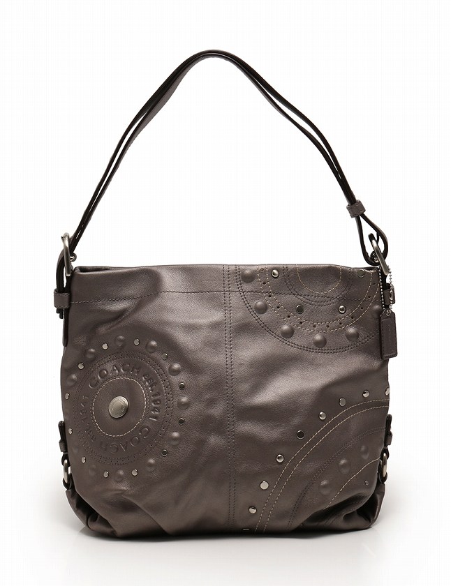 コーチ COACH ショルダーバッグ メタリックグレー レザー スタッズ 