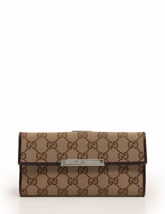 グッチ GUCCI 長財布 Wホック GGキャンバス ベージュ ダークブラウン 