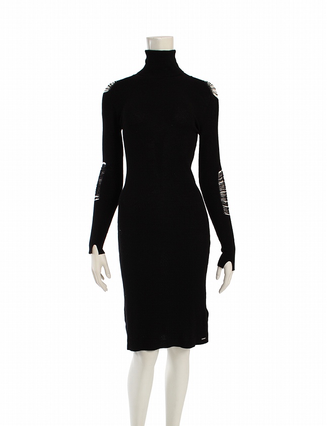 ディーゼル Diesel ワンピース ニット 黒 ブラック 長袖 ひざ丈 無地 S レーヨン ダメージ加工 レディース 114 ベクトルパーク