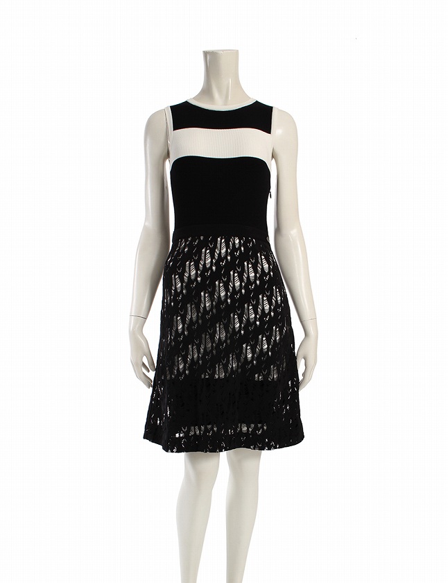 シャネル Chanel ワンピース ノースリーブ ニット 黒 ブラック 白 M ひざ丈 レース 38 コットン レーヨン P レディース 114 ベクトルパーク