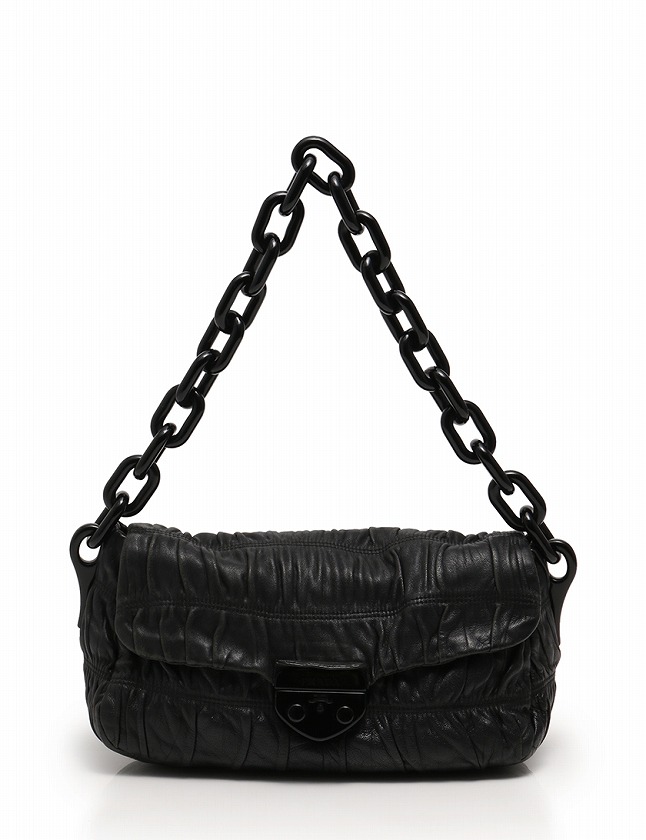 プラダ PRADA ショルダーバッグ ギャザー 黒 ブラック レザー 