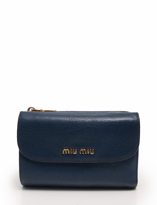 ミュウミュウ miumiu 財布 三つ折り 青 ブルー ゴールド 小物 レザー 
