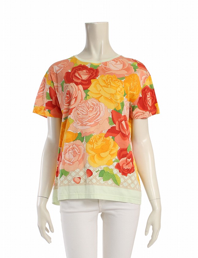 エルメス Hermes Tシャツ カットソー オレンジ マルチカラー トップス 半袖 花柄 丸首 L コットン100 綿 レディース 114 ベクトルパーク