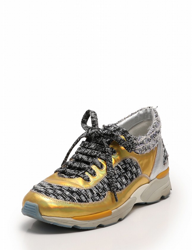シャネル CHANEL スニーカー ローカット 14K グレー ゴールド シルバー 