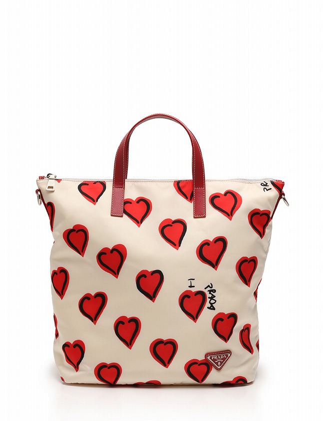 プラダ Prada トートバッグ ショルダーバッグ ショッピング アイボリー 白 赤 ハート柄 ナイロン レザー Bn52 ギャラ 保存袋付き 2way レディース 114 ベクトルパーク
