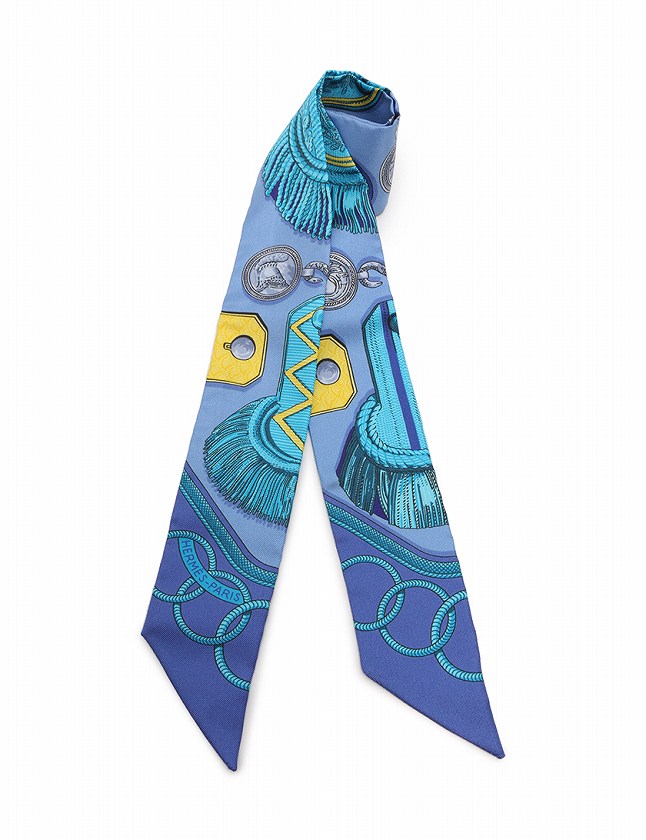 エルメス HERMES スカーフ ロング ツイリー シルク 青 ブルー マルチ