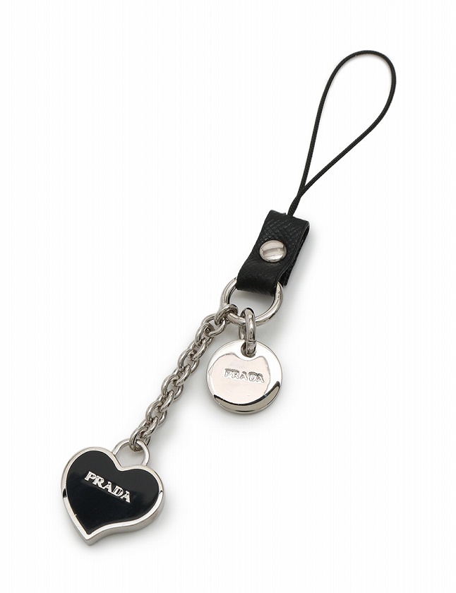 プラダ PRADA 携帯ストラップ 黒 シルバー 小物 メタル レザー ハート 