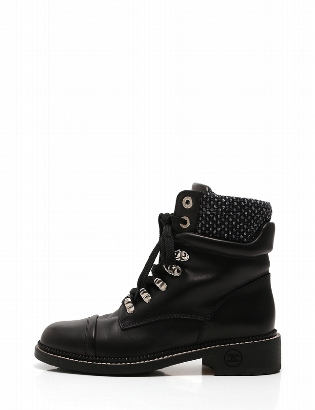 シャネル CHANEL ショートブーツ 15A 黒 ブラック ネイビー