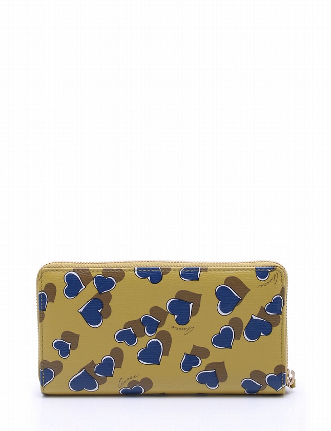 グッチ GUCCI 長財布 ラウンドファスナーハートプリント 黄緑 ネイビー 