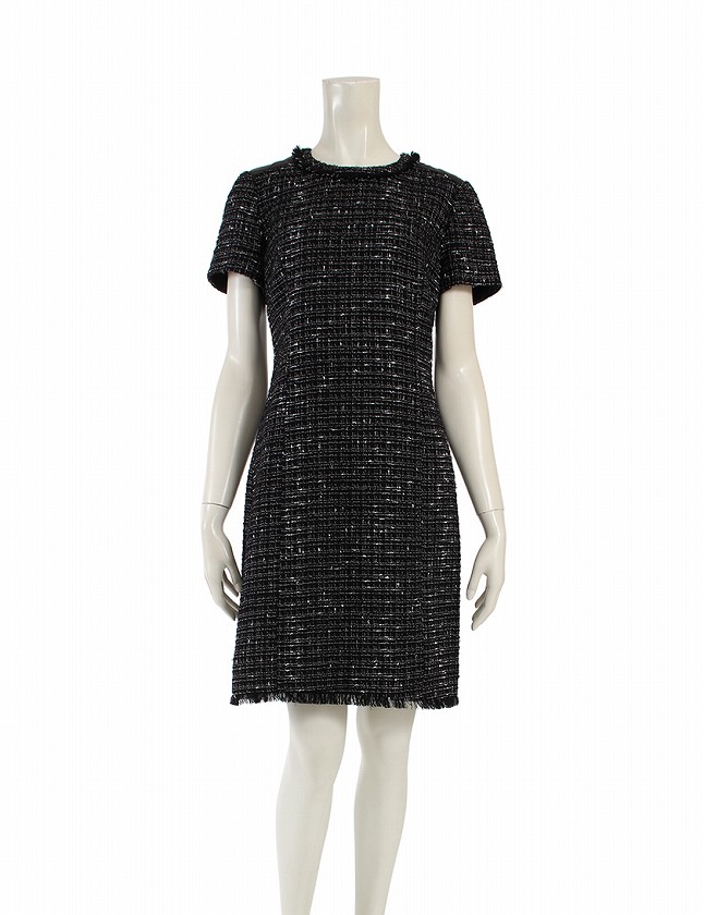 ケイトスペード Kate Spade ワンピース ドレス ツイード 黒 ブラック 白 S 半袖 ミニ丈 チェック 4 ウール 牛革 Woodland Tweed Njmu5379 レディース 114 ベクトルパーク