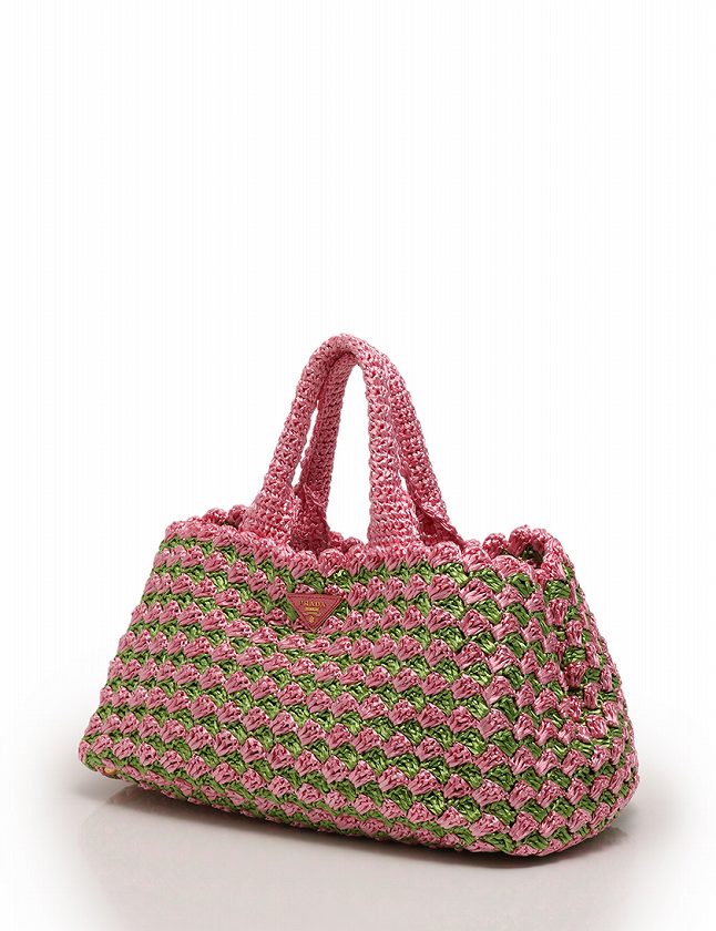 プラダ PRADA トートバッグ ハンドバッグ ピンク 黄緑 ラフィア BN2302
